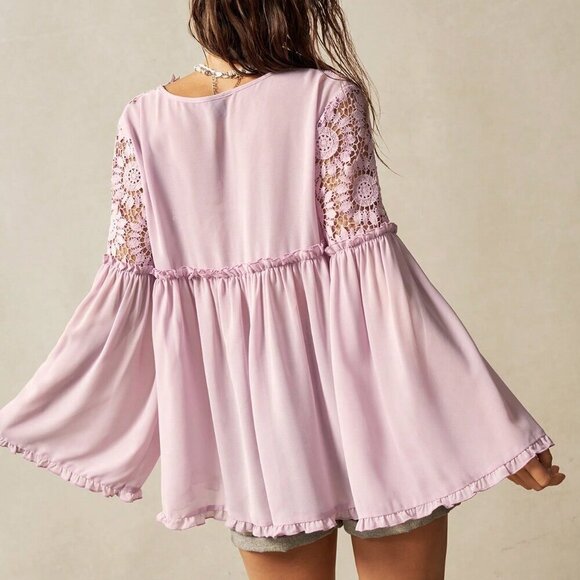 Pink Bohemian Women's V-Neck Loose Long Sleeve Blouse - Picture 6 of 7